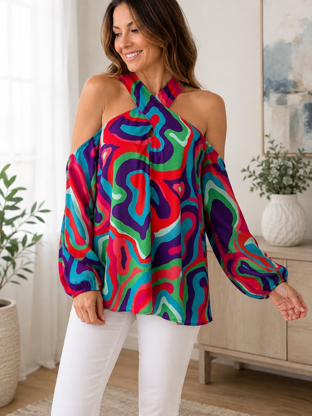 Vibrant Multicolor Cold-Shoulder Women's Top with Twisted Halter Neck